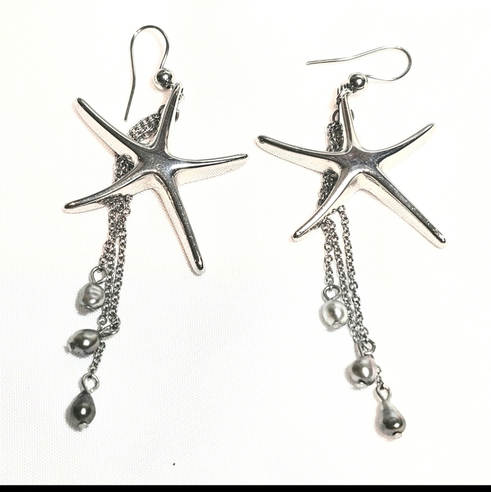 Silver Sterling Dainty Simple Minimal Beachy Starfish Nautical Dangling Earings